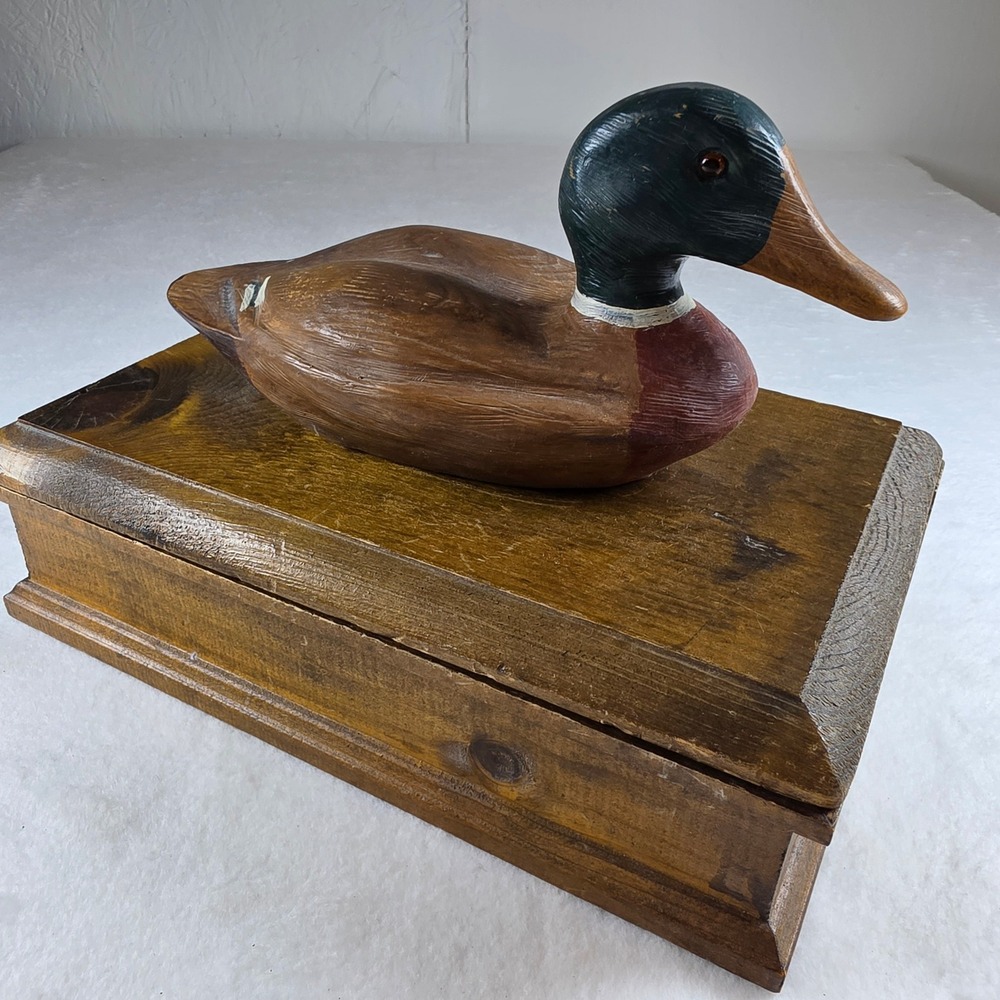 Vintage Wooden Mallard Duck Decoy Valet Jewelry Box Rustic Hand Painted Decor